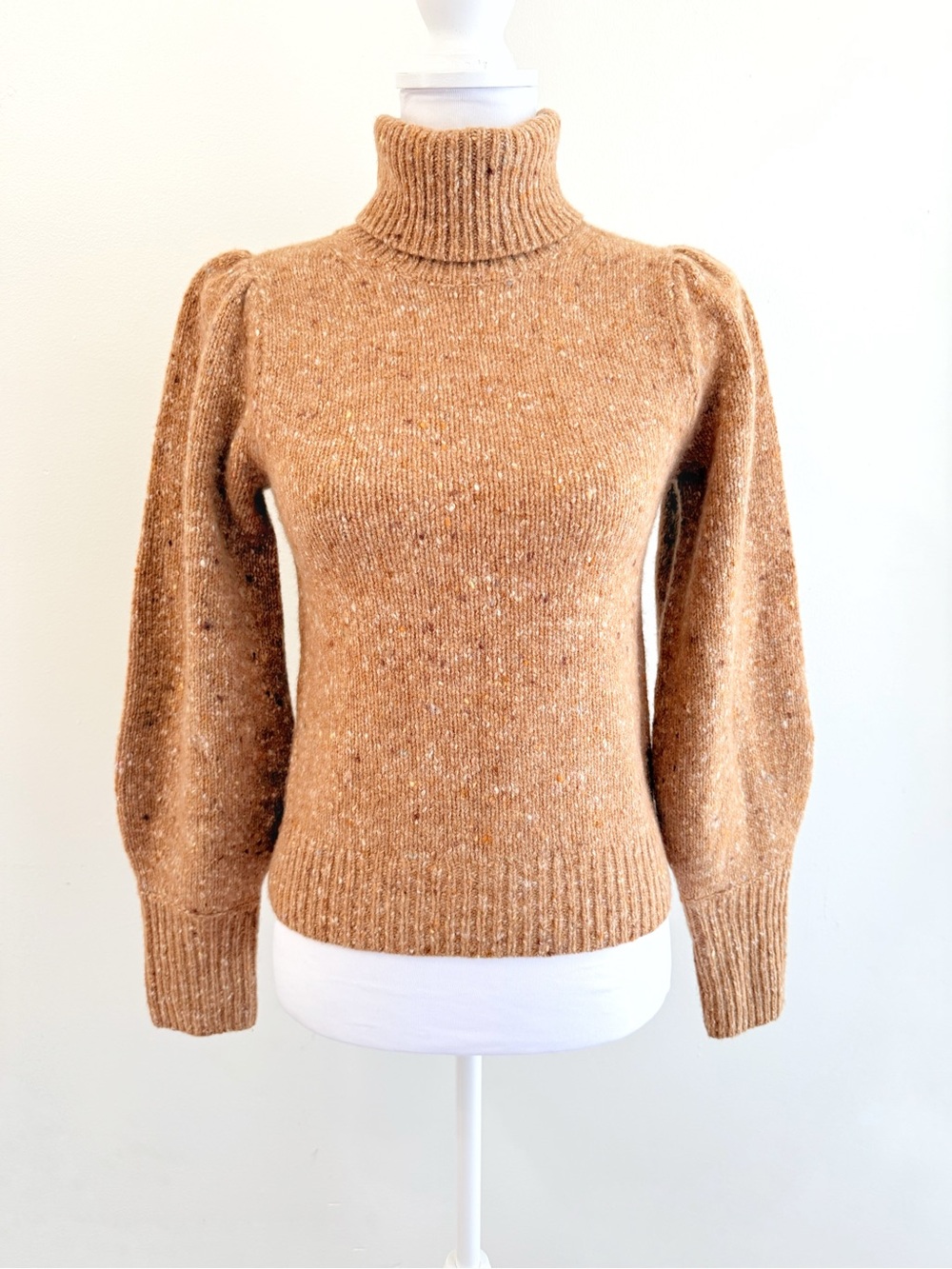 ALC A.L.C speckled tan wool cashmere knit turtleneck puff sleeve sweater